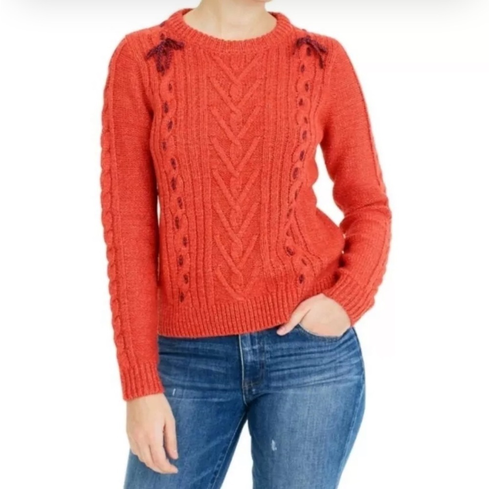 The Reeds X J.CREW Cable-Knit Fisherman Crew Sweater Ribbed -Bow Detail-sz S